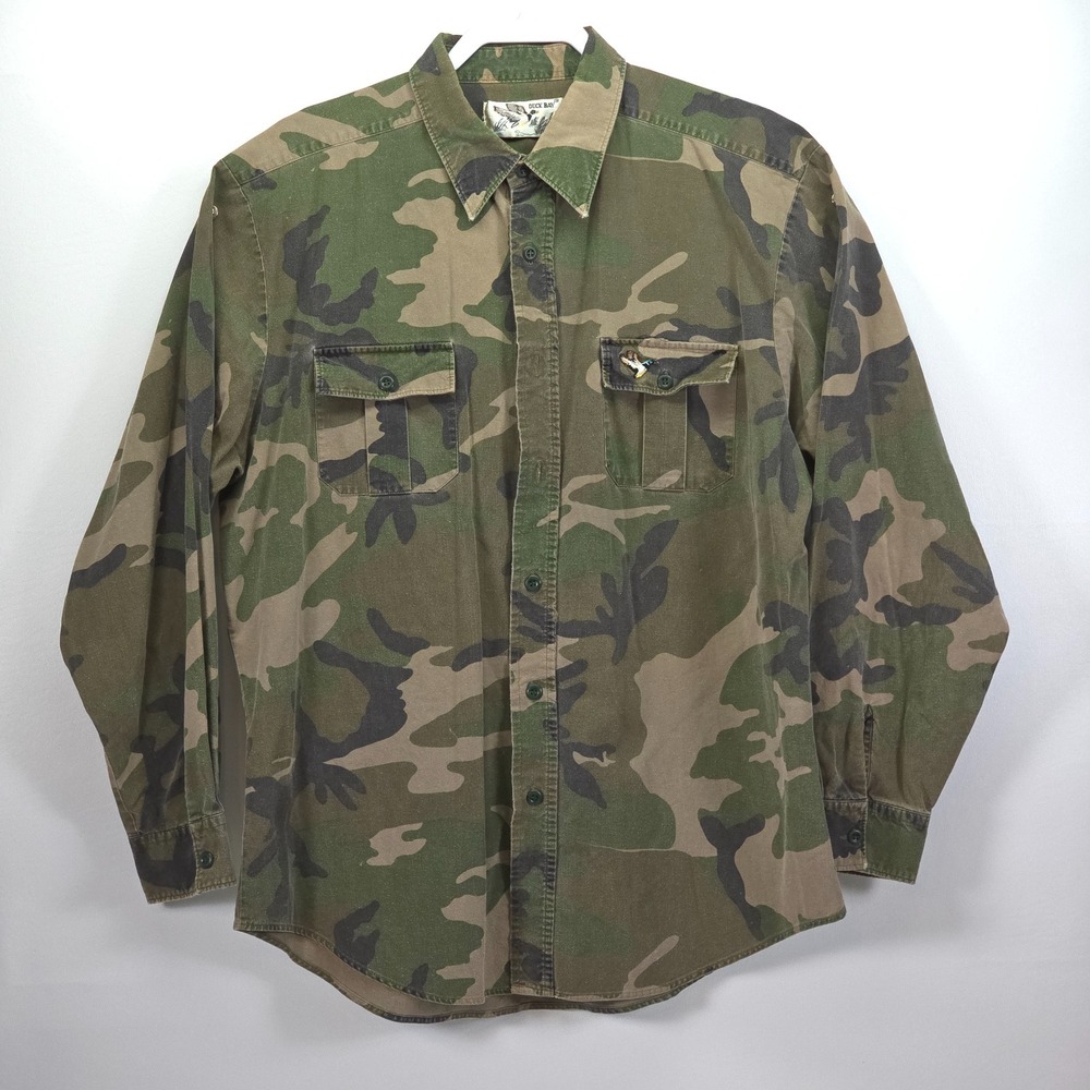 VTG Duck Bay Camouflage Button-Up Shirt Men Large‎ Long Sleeve Military FLAWED